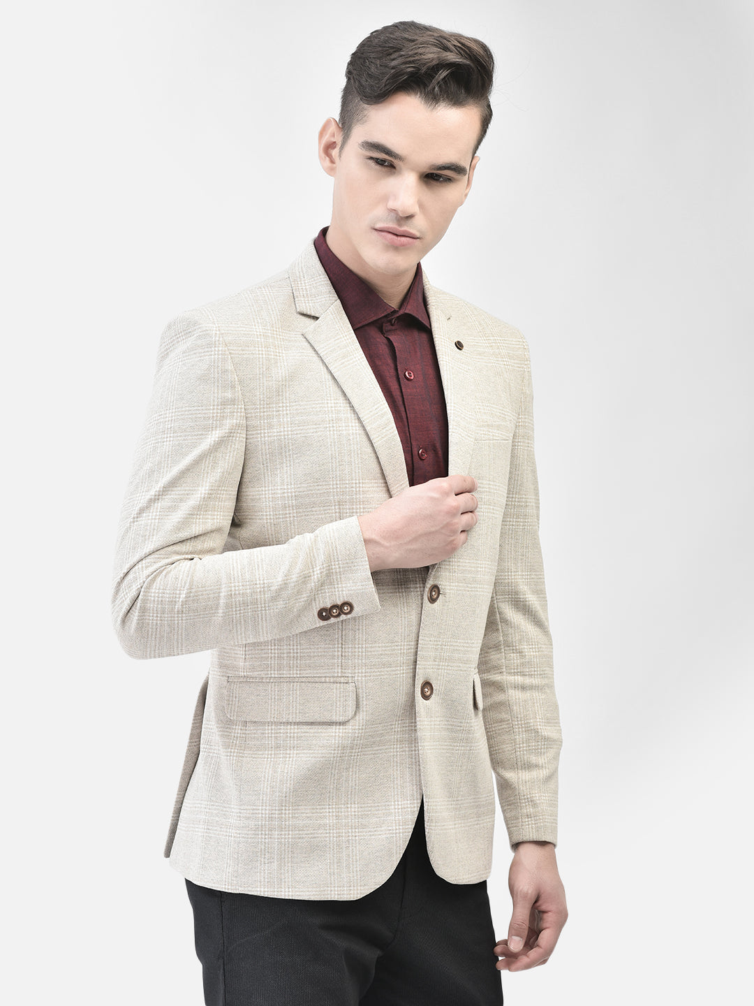 Beige Checked Single Breasted Blazer-Men Blazers-Crimsoune Club