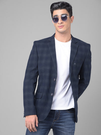 Navy Blue Checked Single Breasted Blazer-Men Blazers-Crimsoune Club