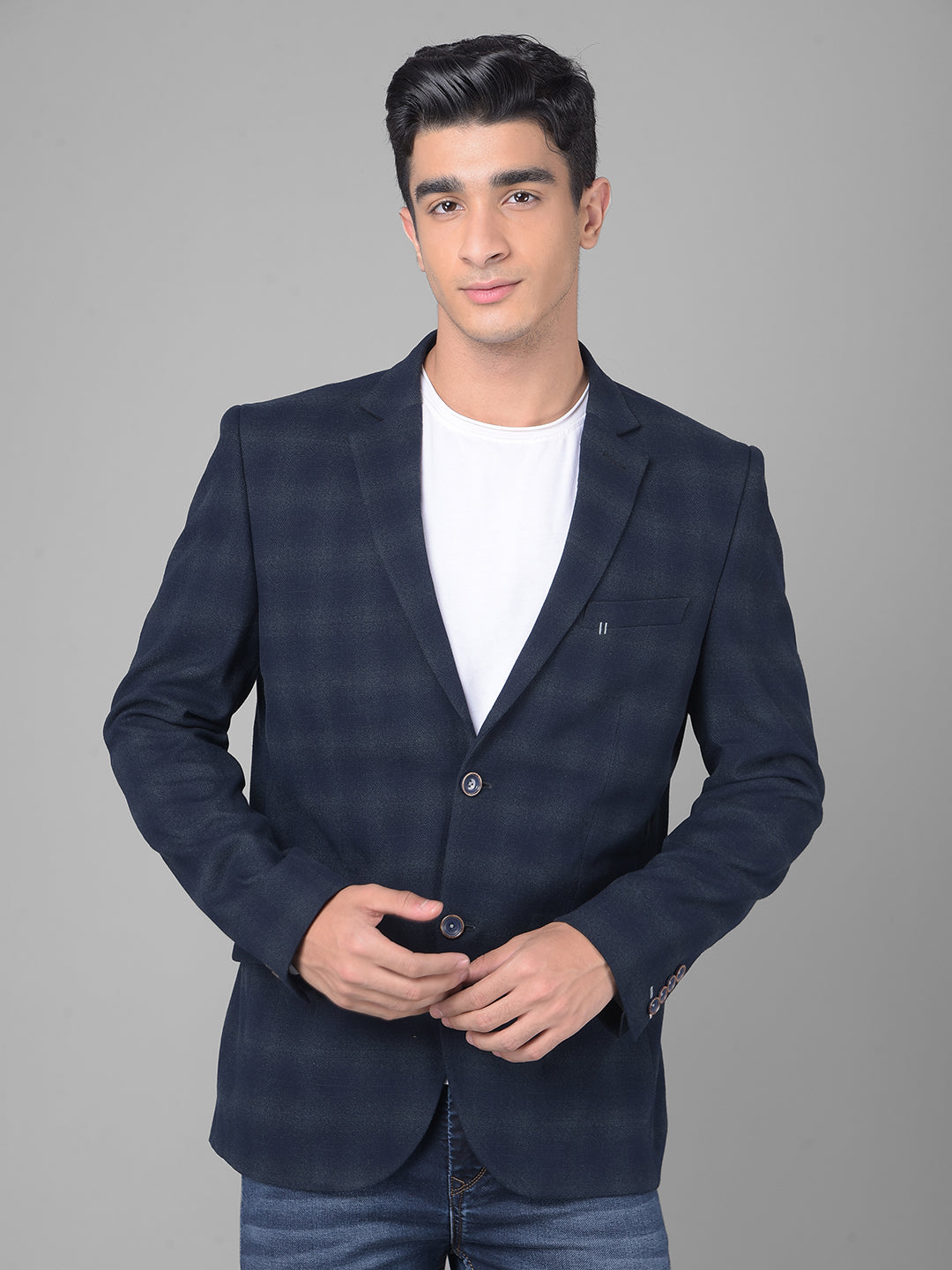 Navy Blue Checked Single Breasted Blazer-Men Blazers-Crimsoune Club