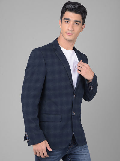 Navy Blue Checked Single Breasted Blazer-Men Blazers-Crimsoune Club