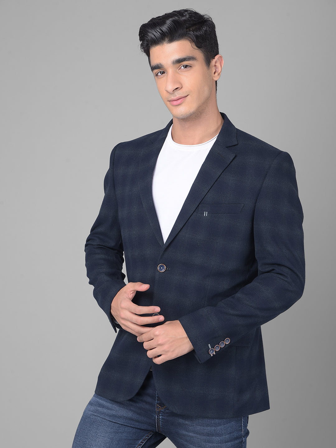 Navy Blue Checked Single Breasted Blazer-Men Blazers-Crimsoune Club