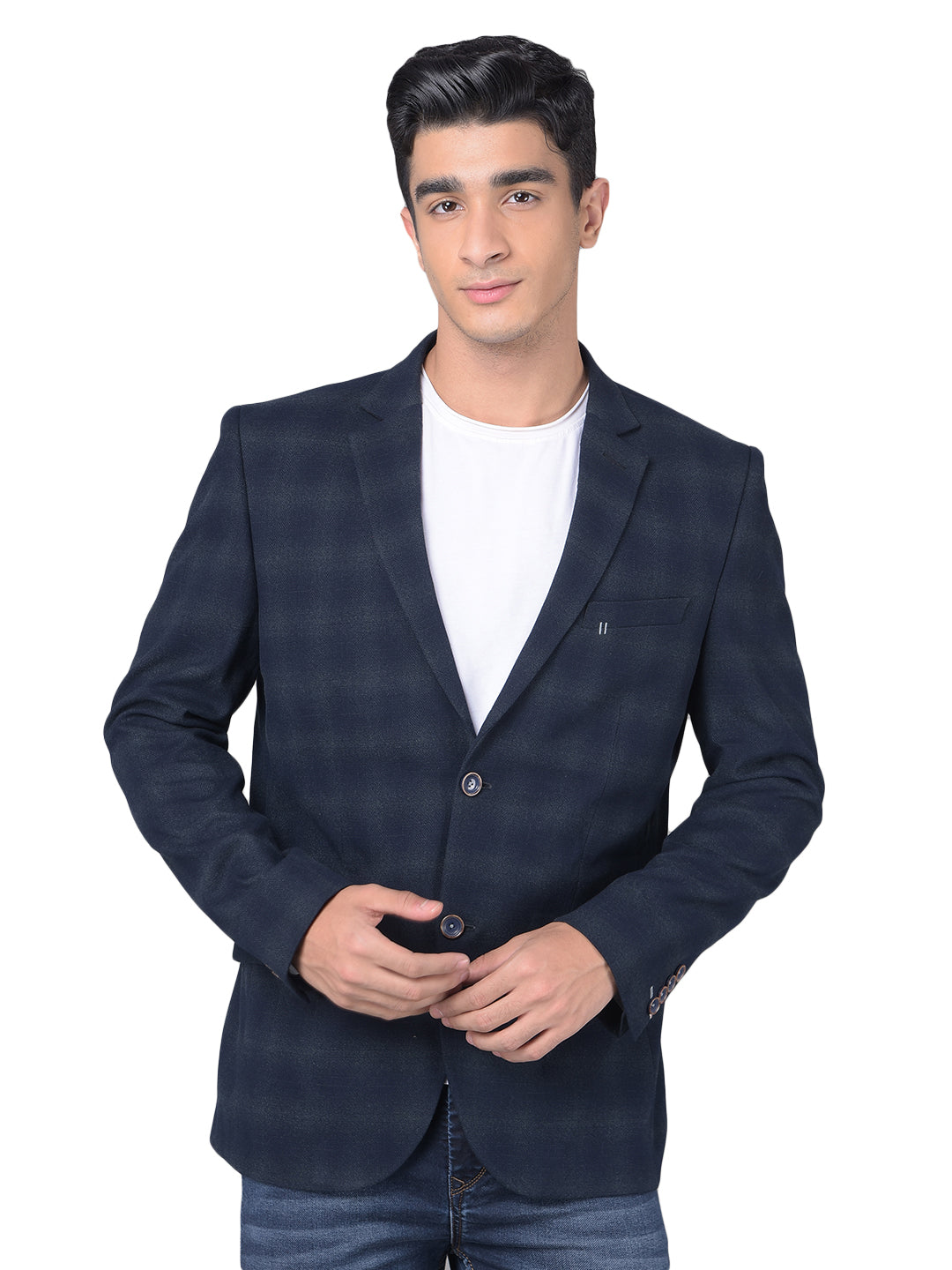 Navy Blue Checked Single Breasted Blazer-Men Blazers-Crimsoune Club