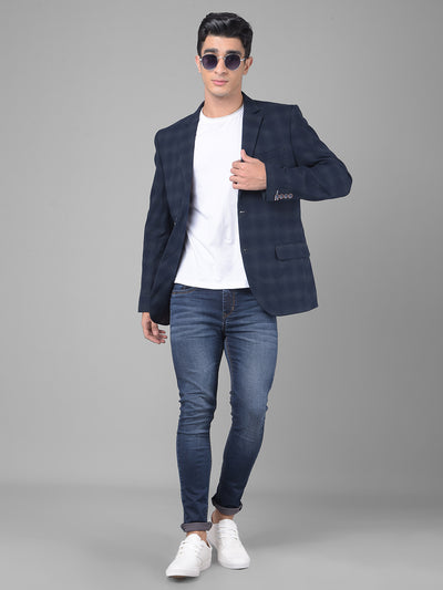 Navy Blue Checked Single Breasted Blazer-Men Blazers-Crimsoune Club