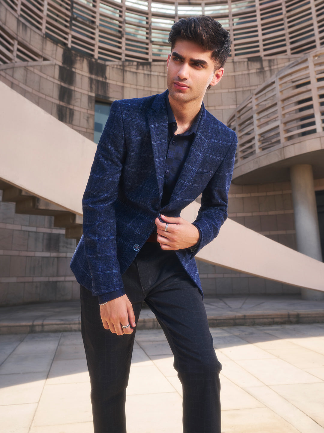 Navy Blue Checked Single Breasted Blazer-Men Blazers-Crimsoune Club