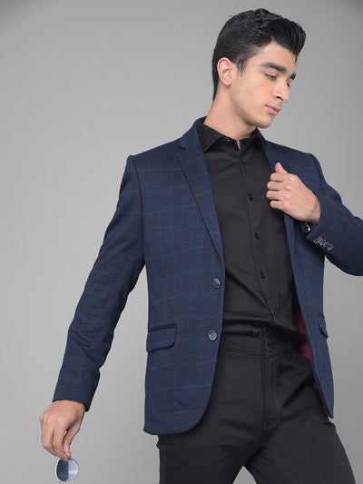 Navy Blue Checked Single Breasted Blazer-Men Blazers-Crimsoune Club