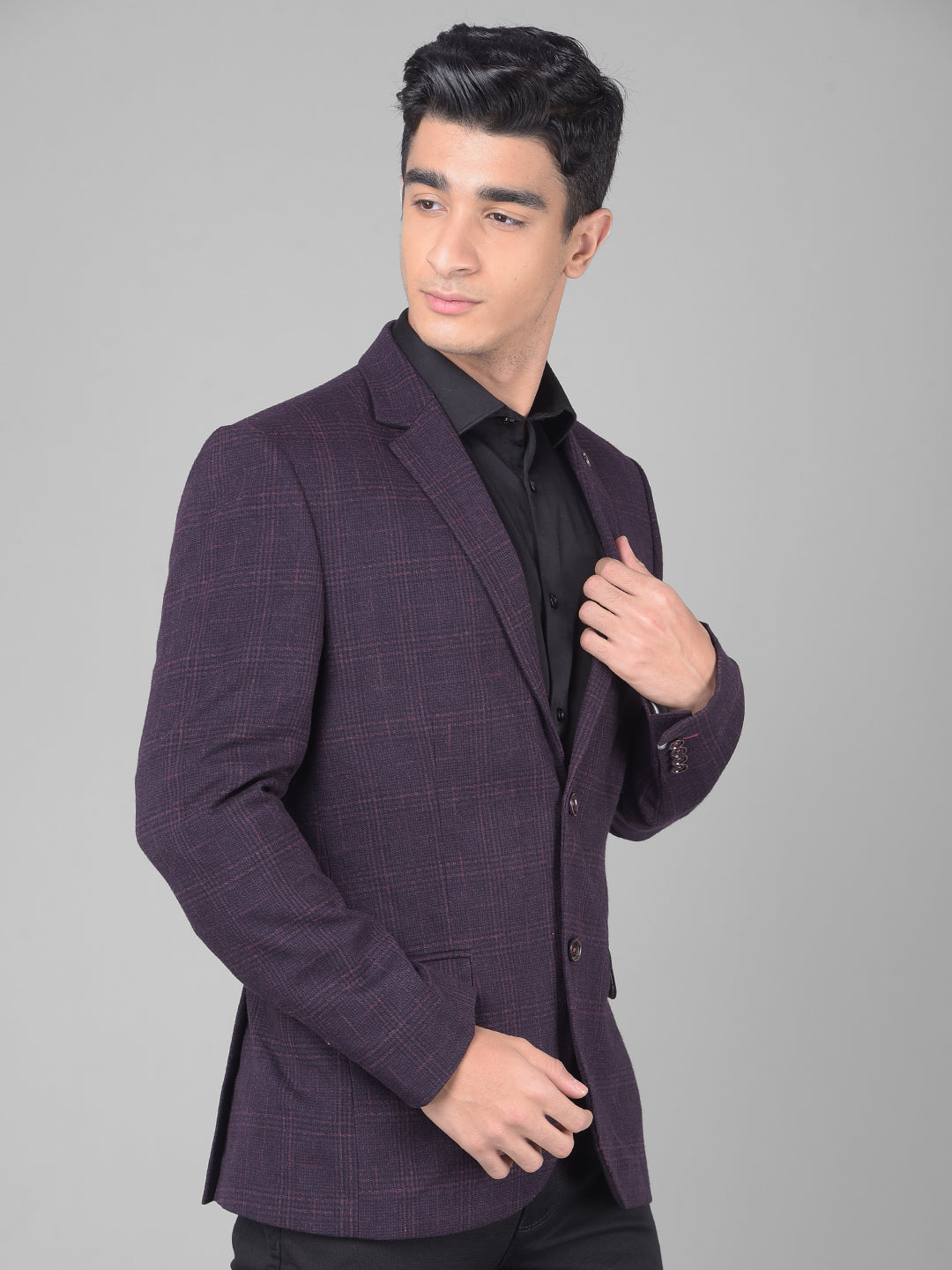 Wine Checked Single Breasted Blazer-Men Blazers-Crimsoune Club