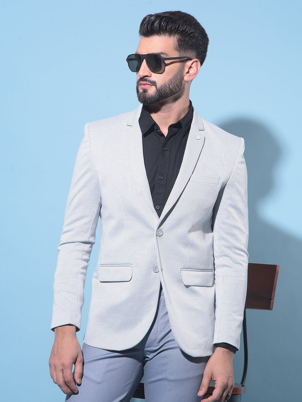Grey Vertical Striped Single-Breasted Blazer-Men Blazers-Crimsoune Club