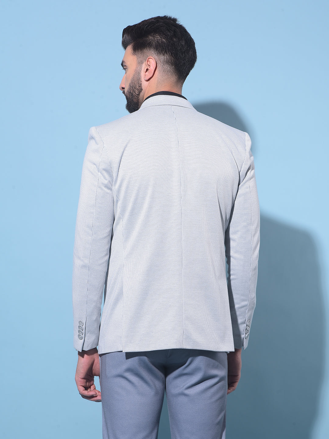 Grey Vertical Striped Single-Breasted Blazer-Men Blazers-Crimsoune Club