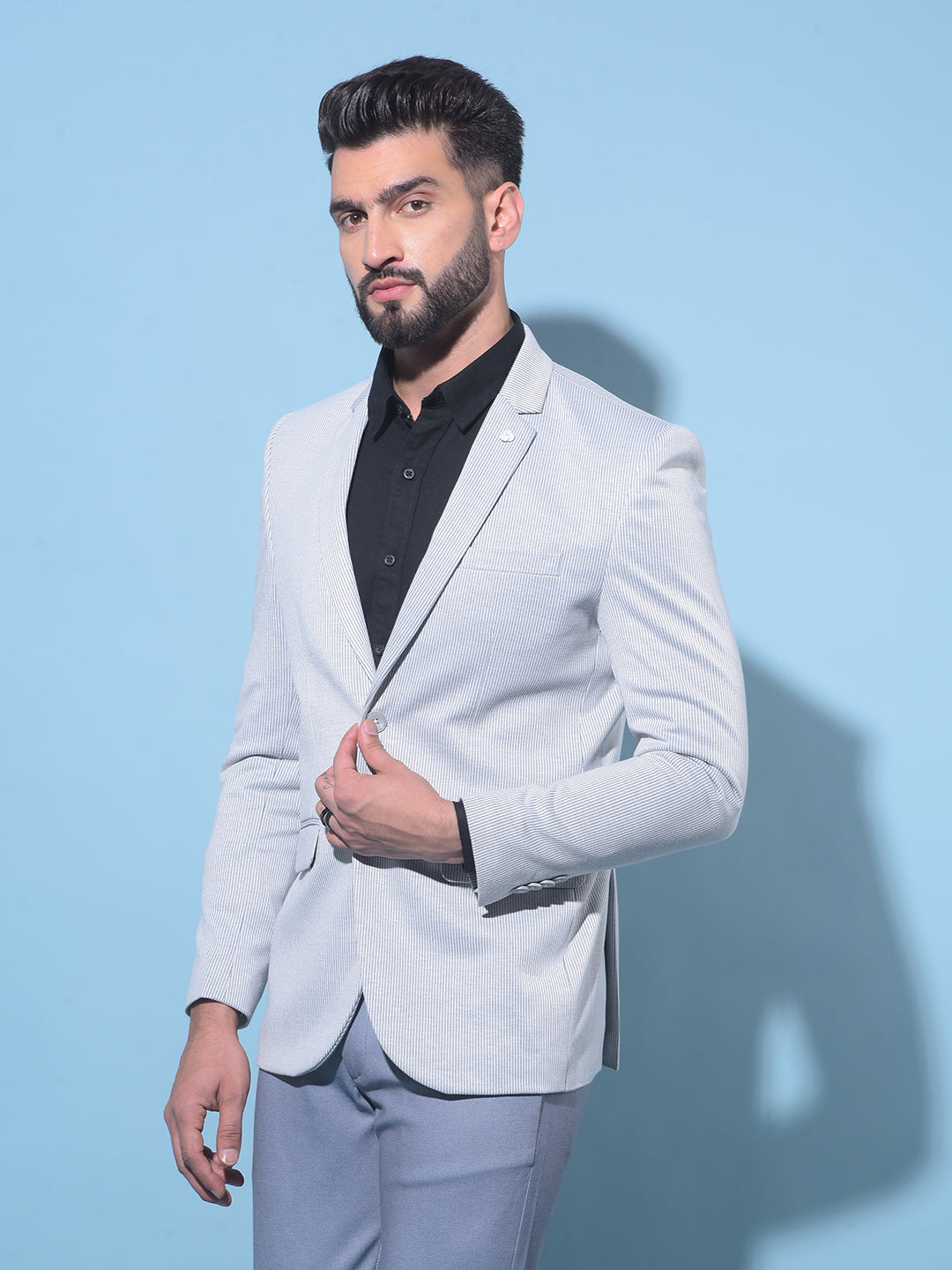 Grey Vertical Striped Single-Breasted Blazer-Men Blazers-Crimsoune Club