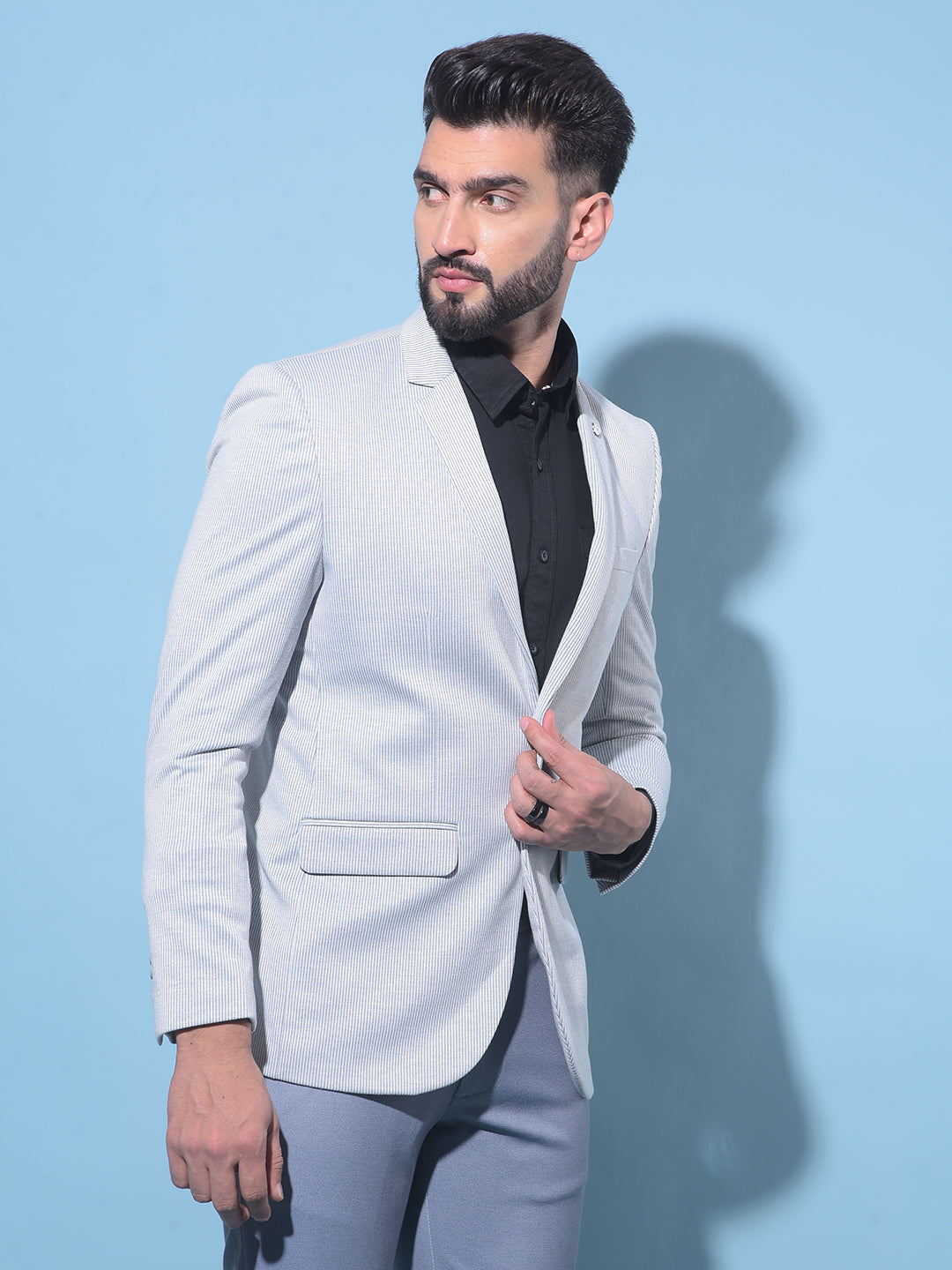 Grey Vertical Striped Single-Breasted Blazer-Men Blazers-Crimsoune Club