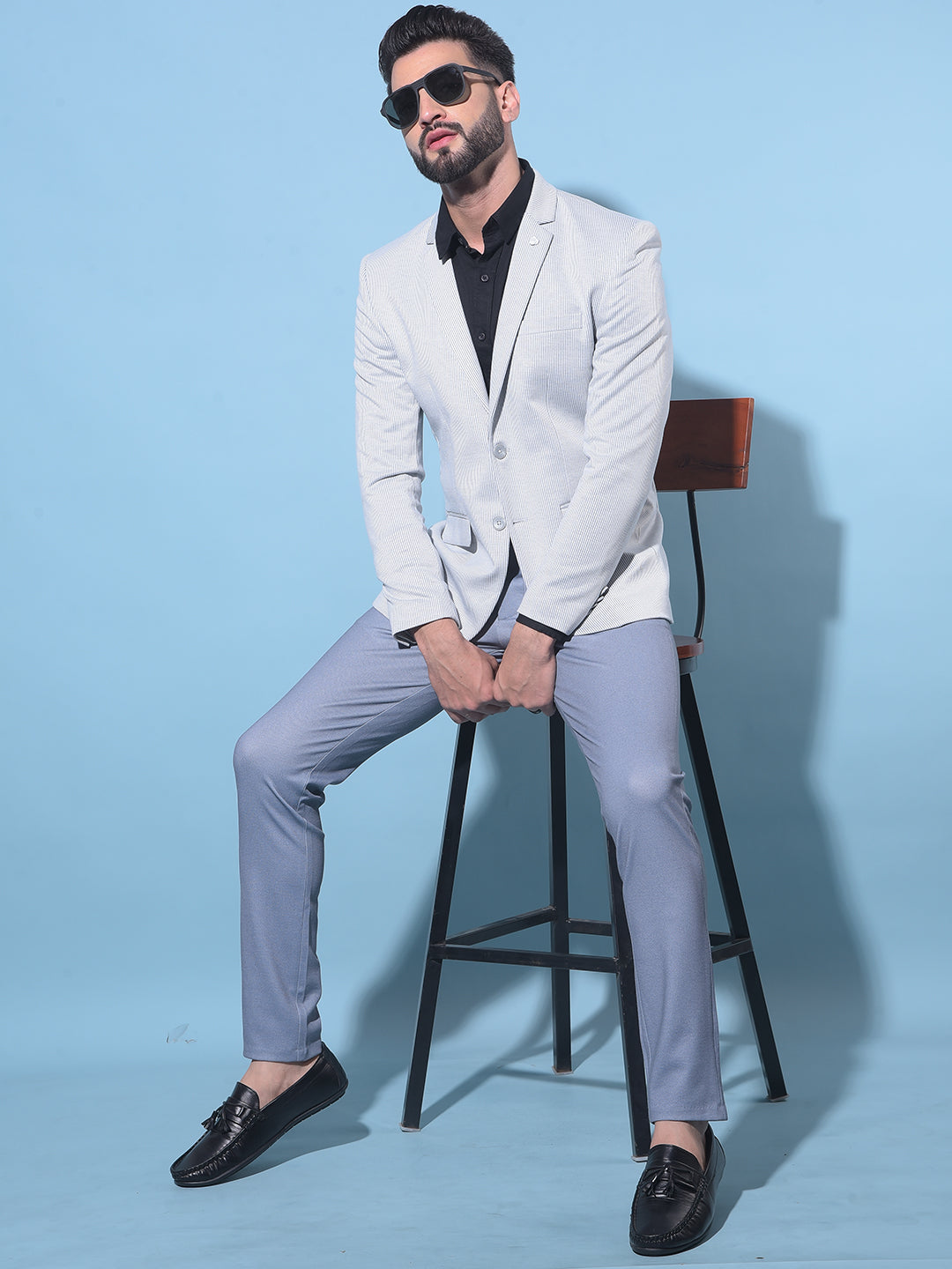 Grey Vertical Striped Single-Breasted Blazer-Men Blazers-Crimsoune Club