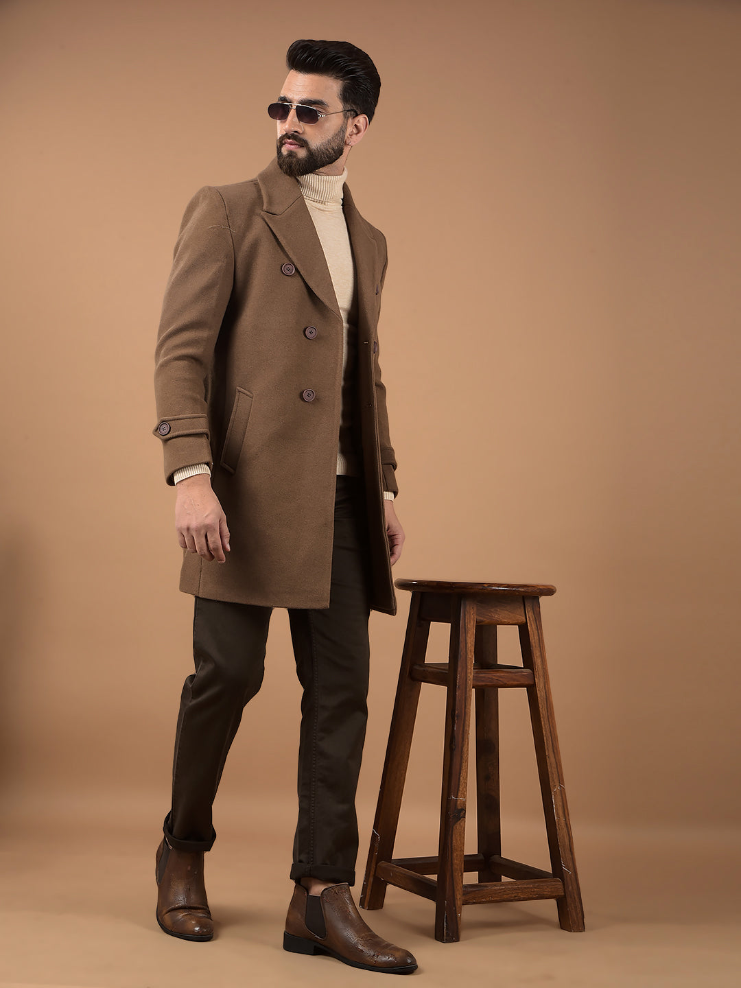 Brown Notched Lapel Mid-Thigh Length Double Breasted Coat-Men Coats-Crimsoune Club