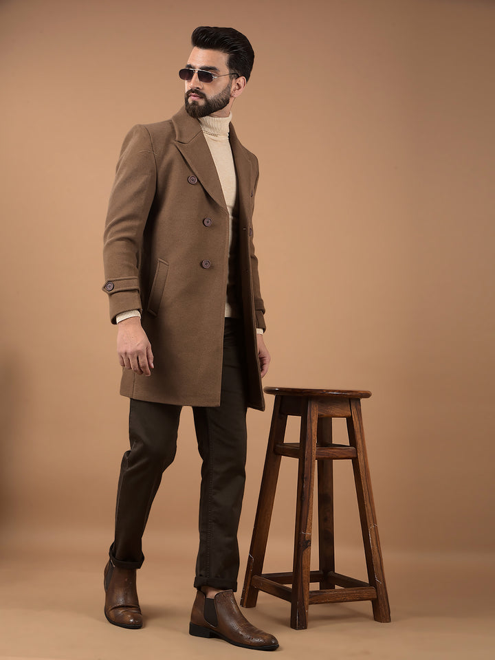 Brown Notched Lapel Mid-Thigh Length Double Breasted Coat-Men Coats-Crimsoune Club