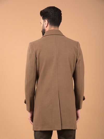 Brown Notched Lapel Mid-Thigh Length Double Breasted Coat-Men Coats-Crimsoune Club