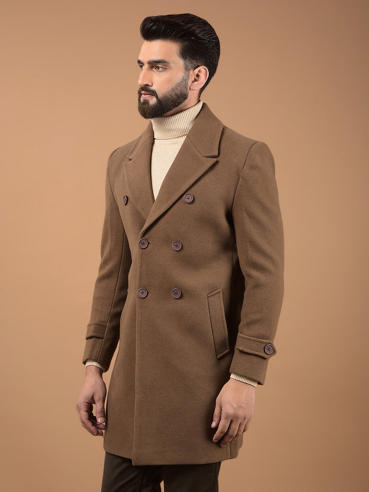 Brown Notched Lapel Mid-Thigh Length Double Breasted Coat-Men Coats-Crimsoune Club