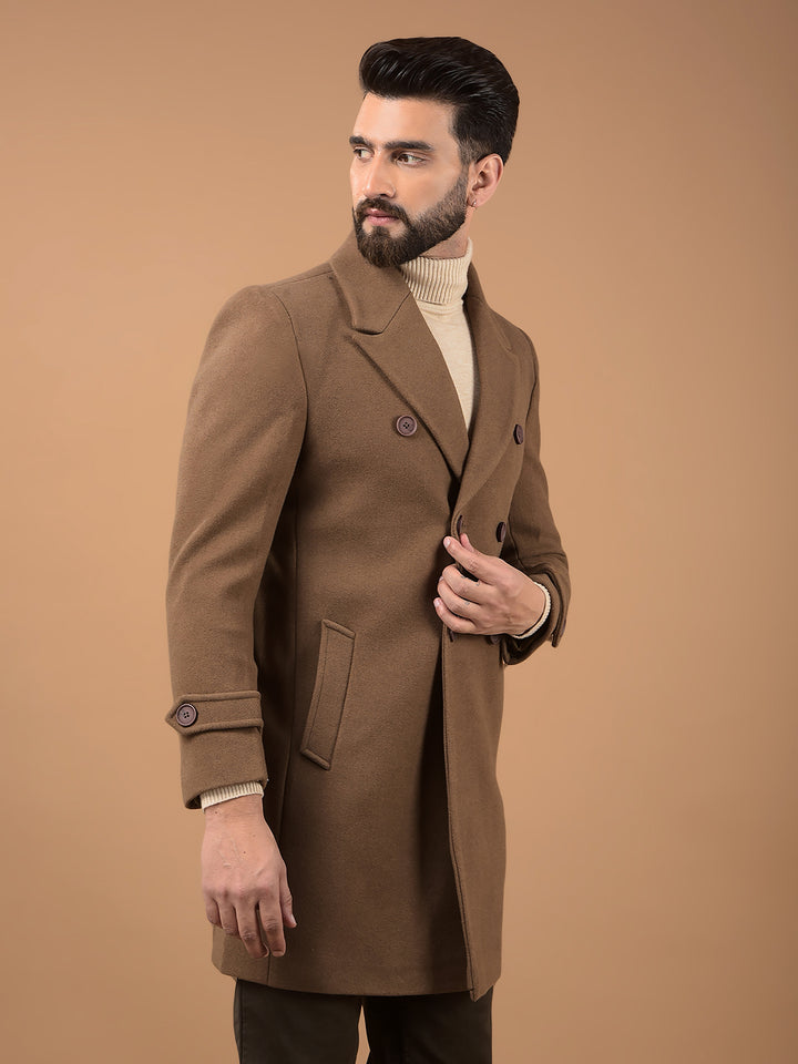 Brown Notched Lapel Mid-Thigh Length Double Breasted Coat-Men Coats-Crimsoune Club