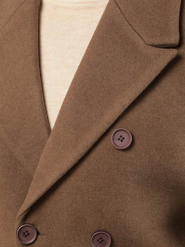 Brown Notched Lapel Mid-Thigh Length Double Breasted Coat-Men Coats-Crimsoune Club