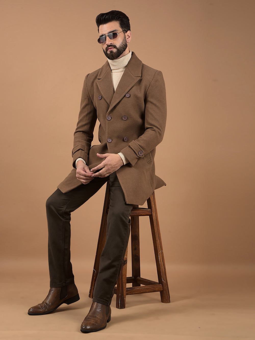 Brown Notched Lapel Mid-Thigh Length Double Breasted Coat-Men Coats-Crimsoune Club