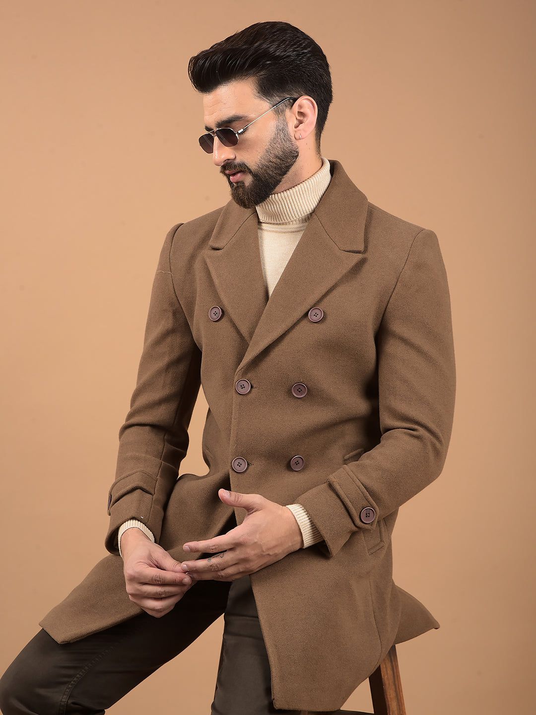 Brown Notched Lapel Mid-Thigh Length Double Breasted Coat-Men Coats-Crimsoune Club