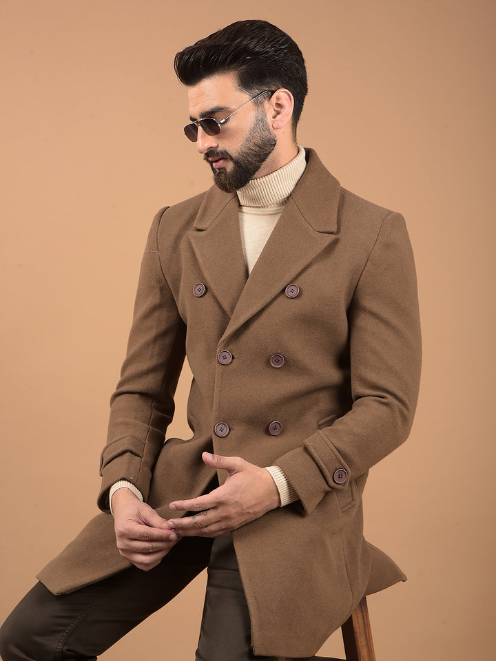 Brown Notched Lapel Mid-Thigh Length Double Breasted Coat-Men Coats-Crimsoune Club