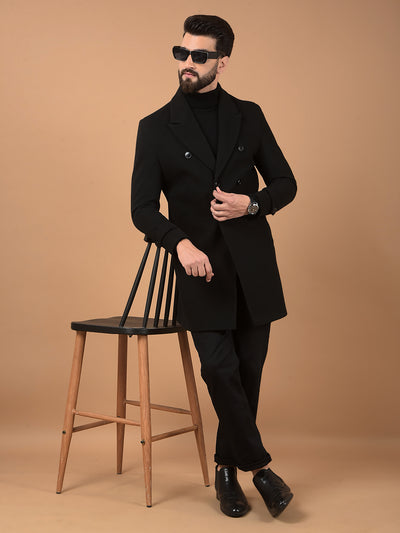 Black Notched Lapel Mid-Thigh Length Double Breasted Coat-Men Coats-Crimsoune Club
