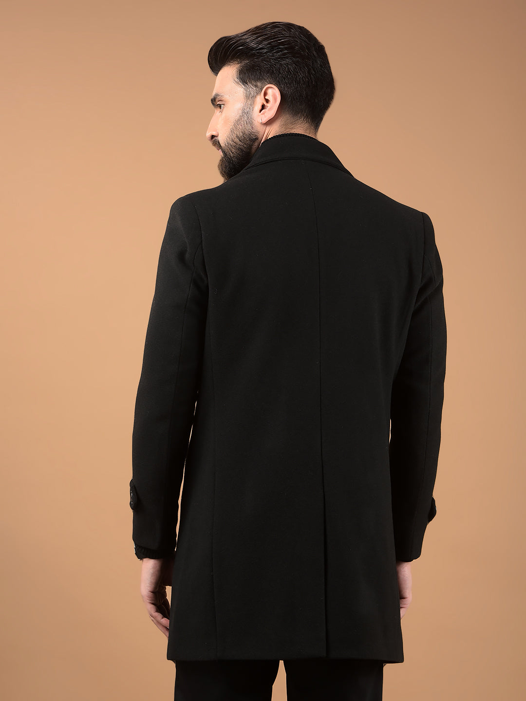 Black Notched Lapel Mid-Thigh Length Double Breasted Coat-Men Coats-Crimsoune Club