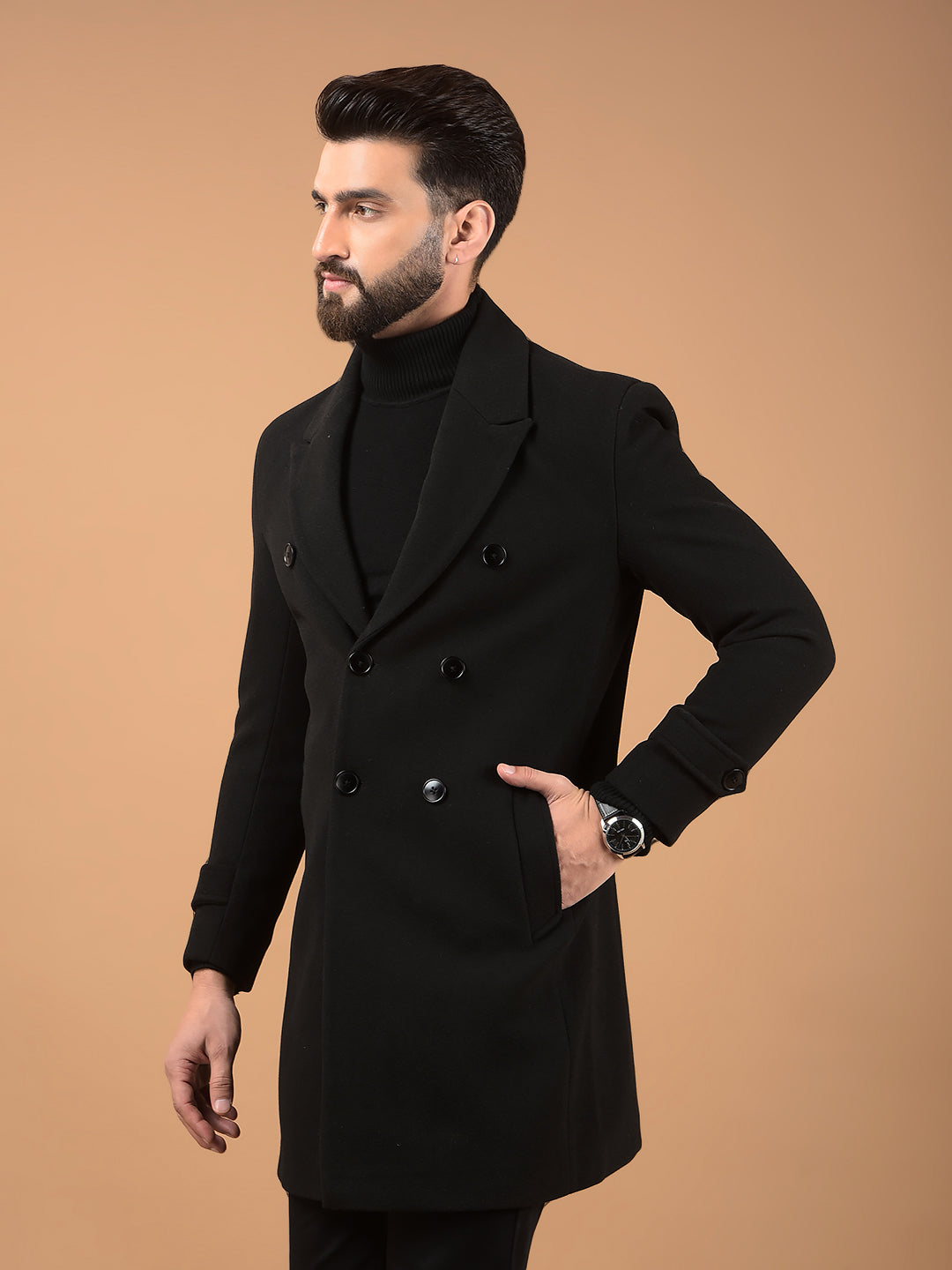 Black Notched Lapel Mid-Thigh Length Double Breasted Coat-Men Coats-Crimsoune Club