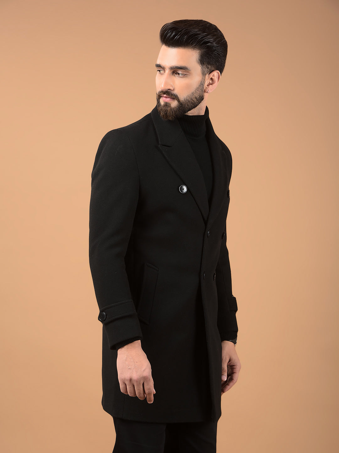 Black Notched Lapel Mid-Thigh Length Double Breasted Coat-Men Coats-Crimsoune Club