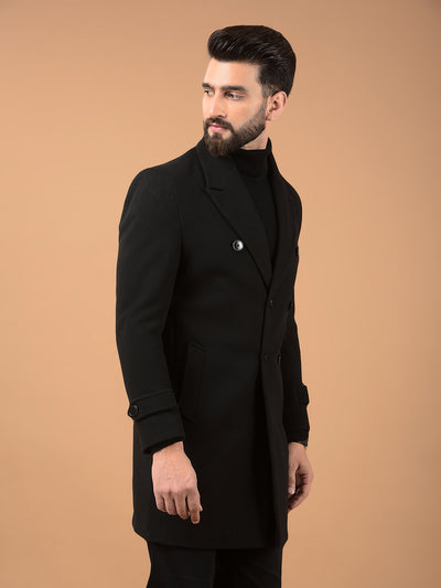 Black Notched Lapel Mid-Thigh Length Double Breasted Coat-Men Coats-Crimsoune Club