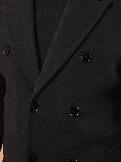 Black Notched Lapel Mid-Thigh Length Double Breasted Coat-Men Coats-Crimsoune Club