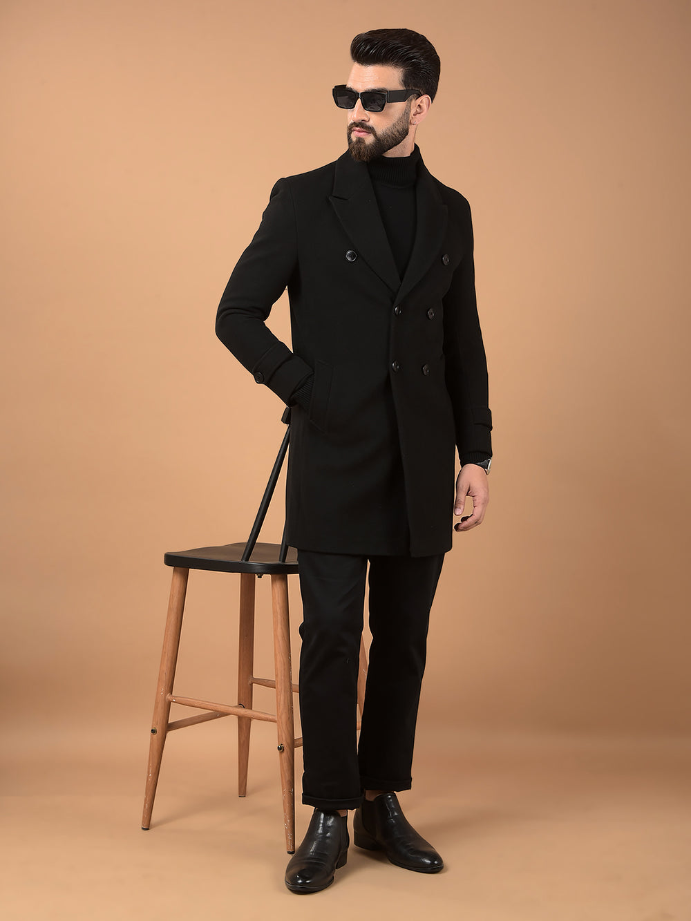 Black Notched Lapel Mid-Thigh Length Double Breasted Coat-Men Coats-Crimsoune Club
