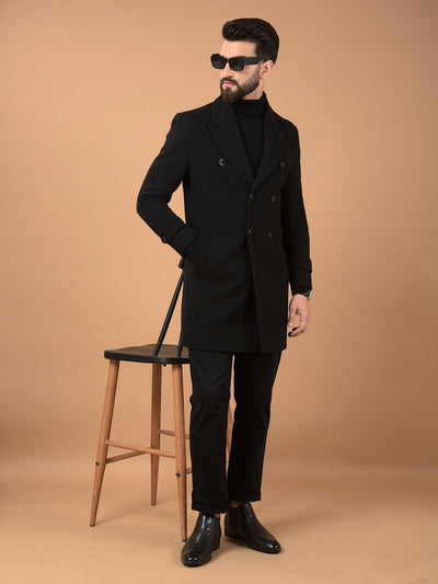Black Notched Lapel Mid-Thigh Length Double Breasted Coat-Men Coats-Crimsoune Club