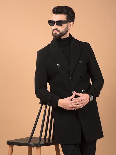 Black Notched Lapel Mid-Thigh Length Double Breasted Coat-Men Coats-Crimsoune Club