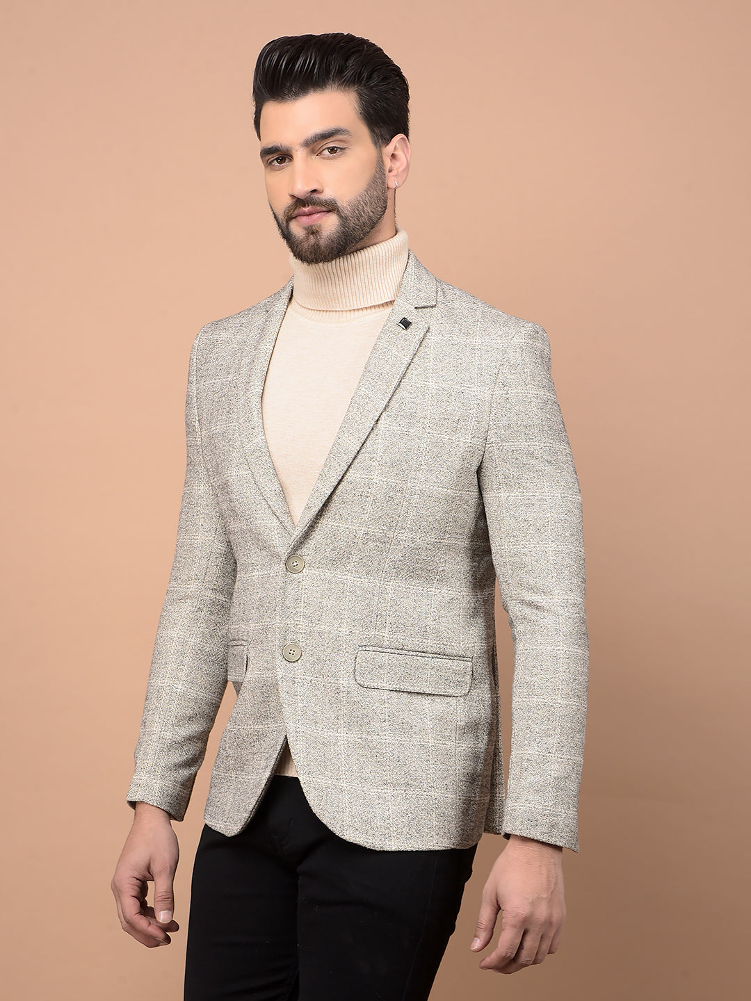 Beige Checked Single Breasted Blazer-Men Blazers-Crimsoune Club