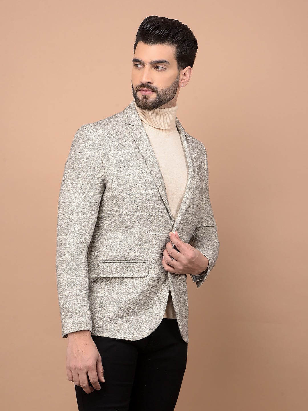Beige Checked Single Breasted Blazer-Men Blazers-Crimsoune Club
