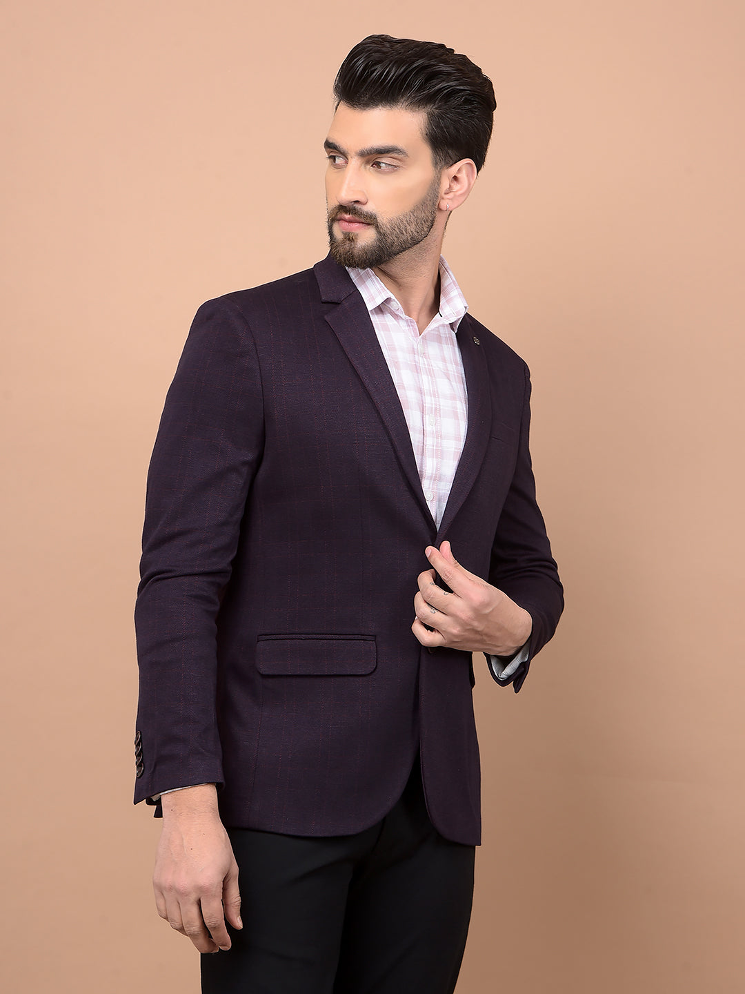 Wine Checked Single Breasted Blazer-Men Blazers-Crimsoune Club