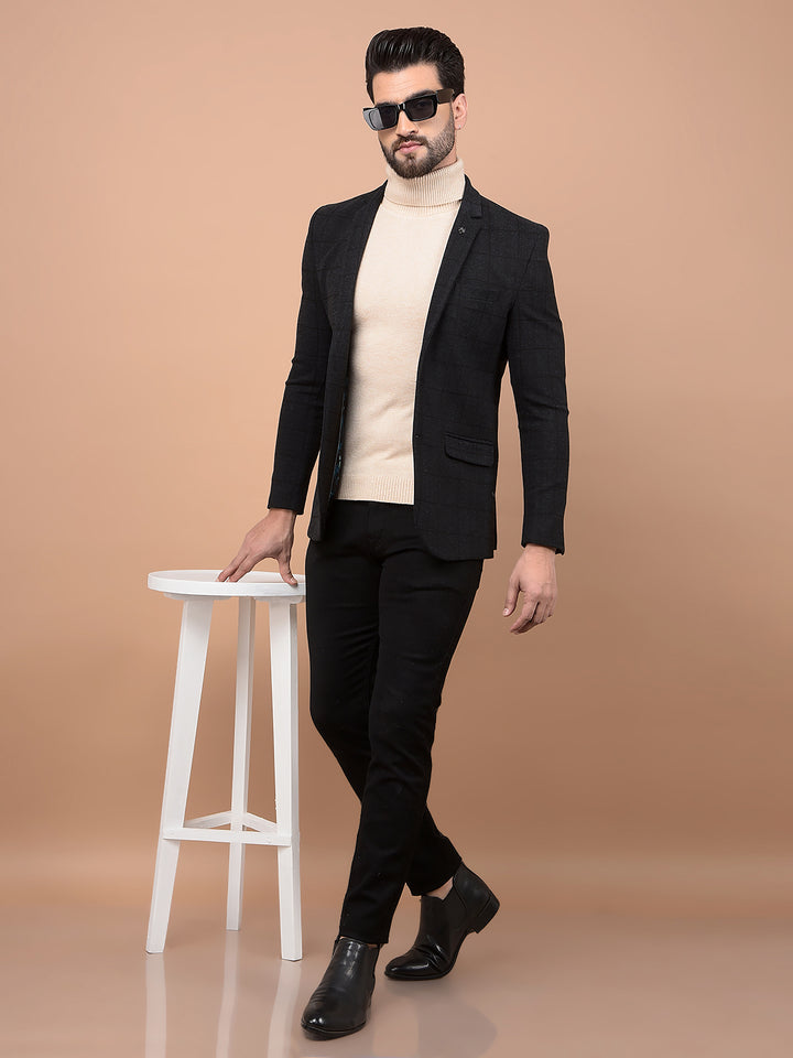 Black Checked Single Breasted Blazer-Men Blazers-Crimsoune Club