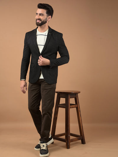 Black Vertical Stripes Notched Lapel Single Breasted Blazer-Men Blazers-Crimsoune Club