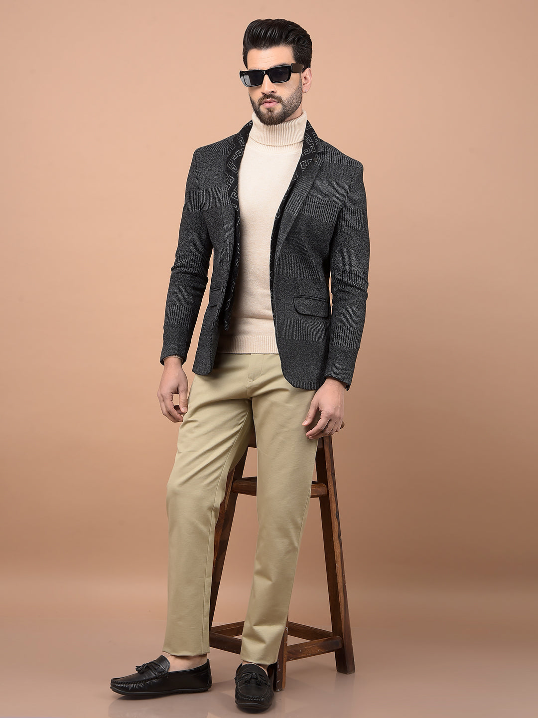 Grey Jacquard Single Breasted Blazer-Men Blazers-Crimsoune Club