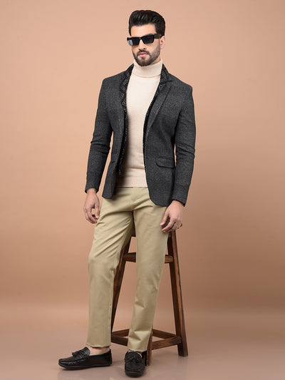 Grey Jacquard Single Breasted Blazer-Men Blazers-Crimsoune Club