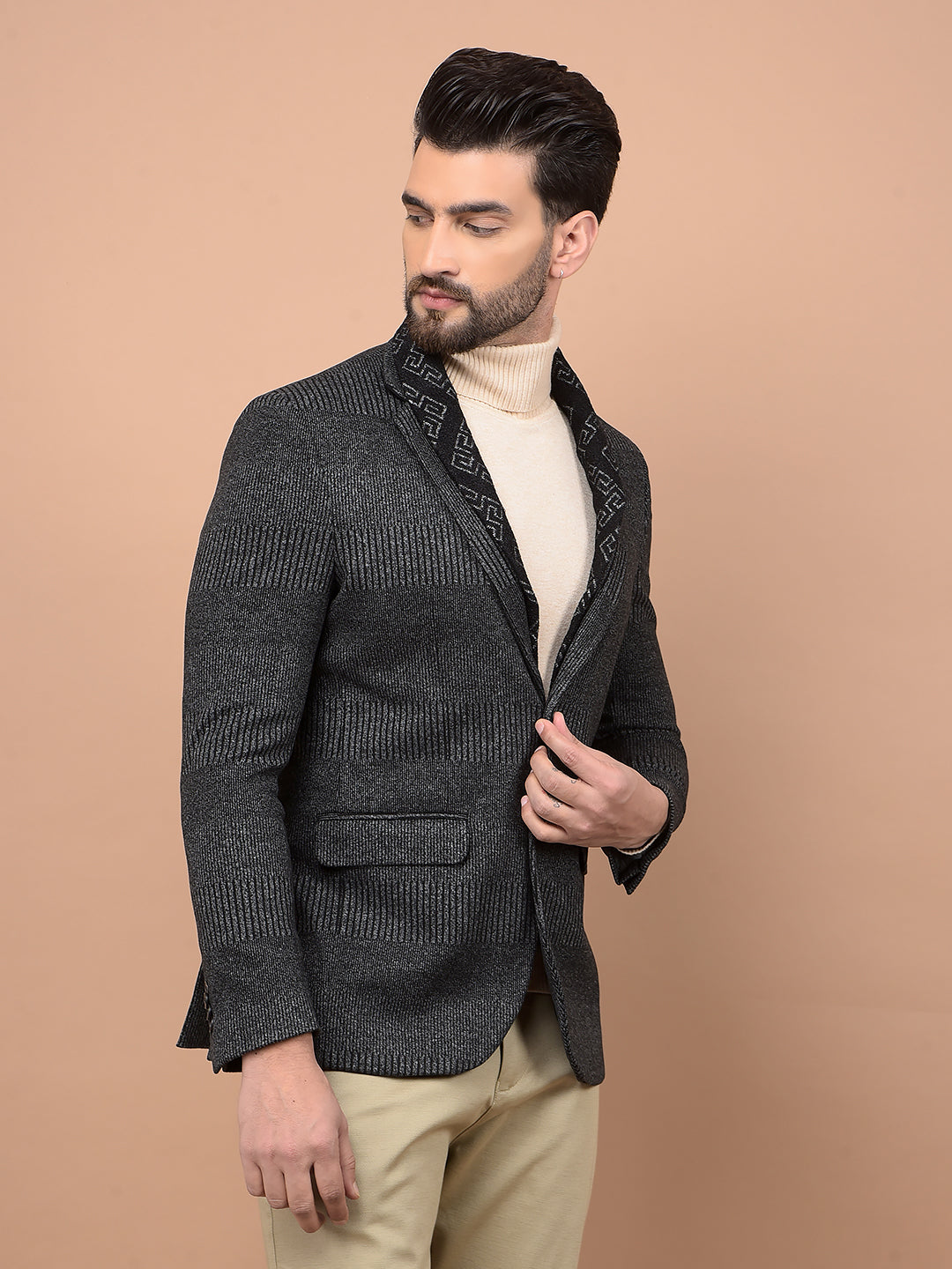 Grey Jacquard Single Breasted Blazer-Men Blazers-Crimsoune Club