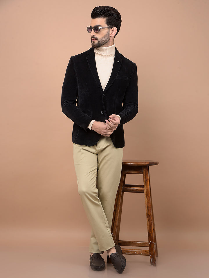 Black Printed Corduroy Single Breasted Blazer-Men Blazers-Crimsoune Club
