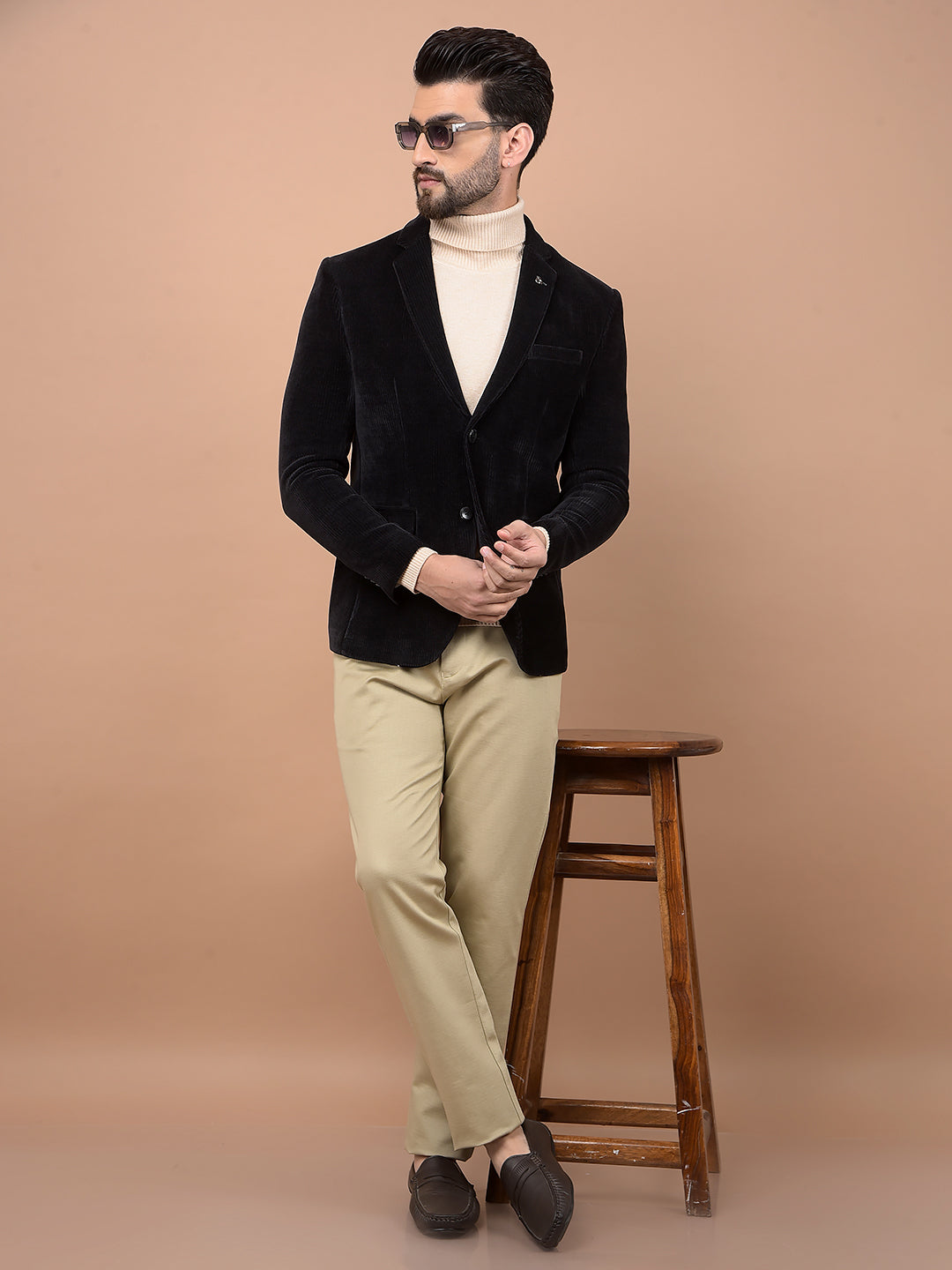 Black Printed Corduroy Single Breasted Blazer - Main Image