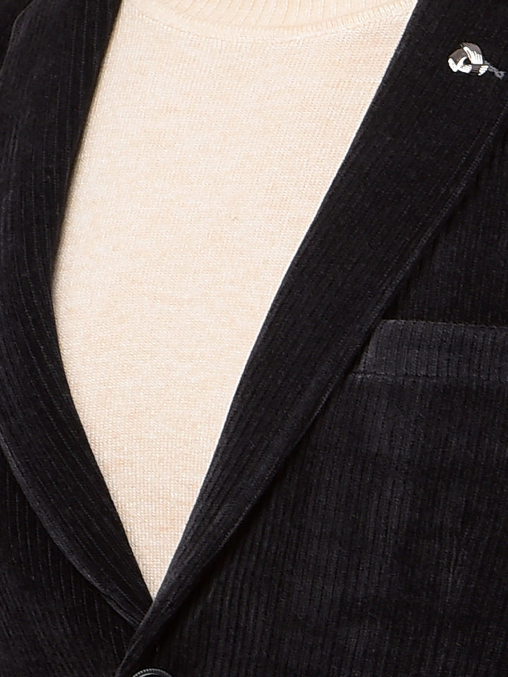 Black Printed Corduroy Single Breasted Blazer-Men Blazers-Crimsoune Club
