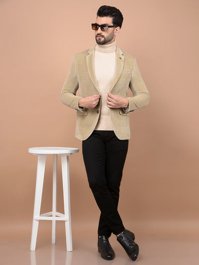 Beige Printed Corduroy Single Breasted Blazer-Men Blazers-Crimsoune Club