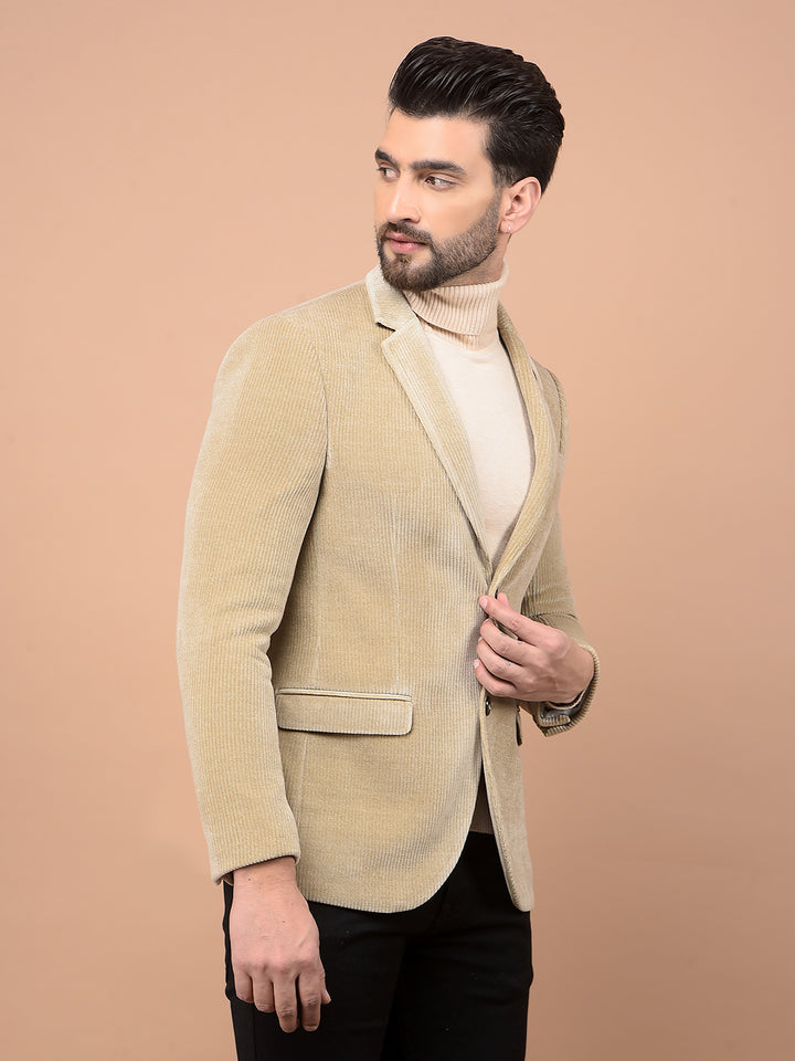 Beige Printed Corduroy Single Breasted Blazer-Men Blazers-Crimsoune Club