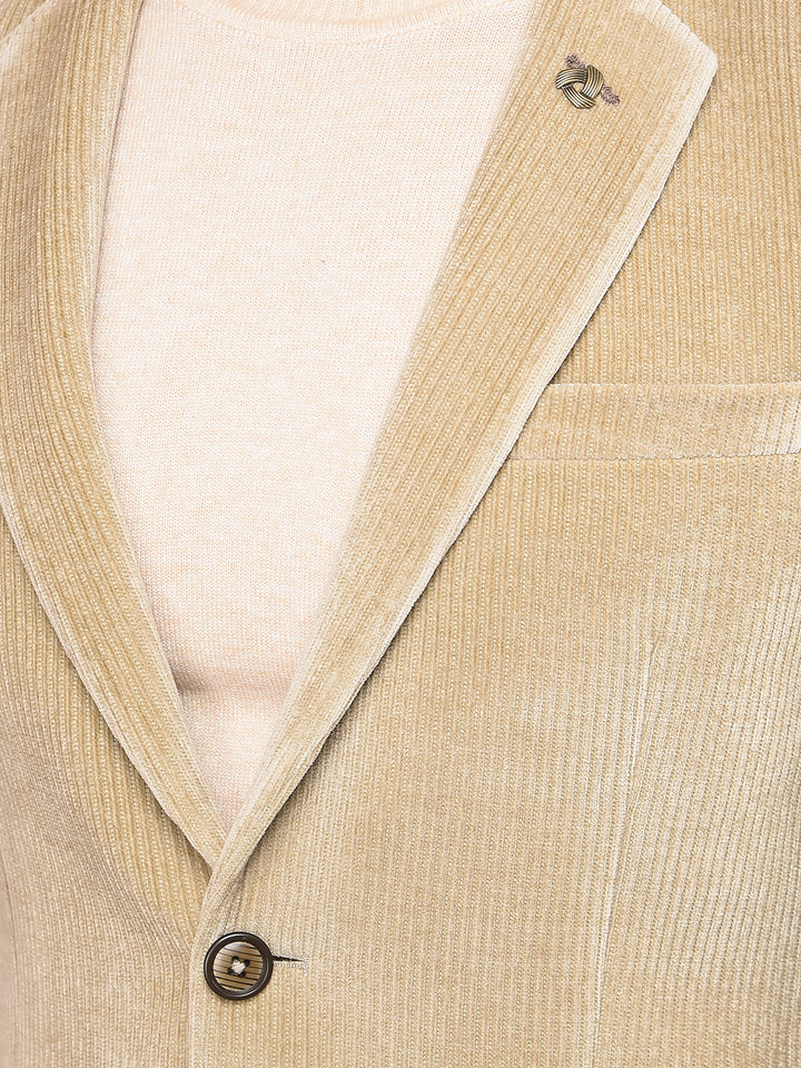 Beige Printed Corduroy Single Breasted Blazer-Men Blazers-Crimsoune Club
