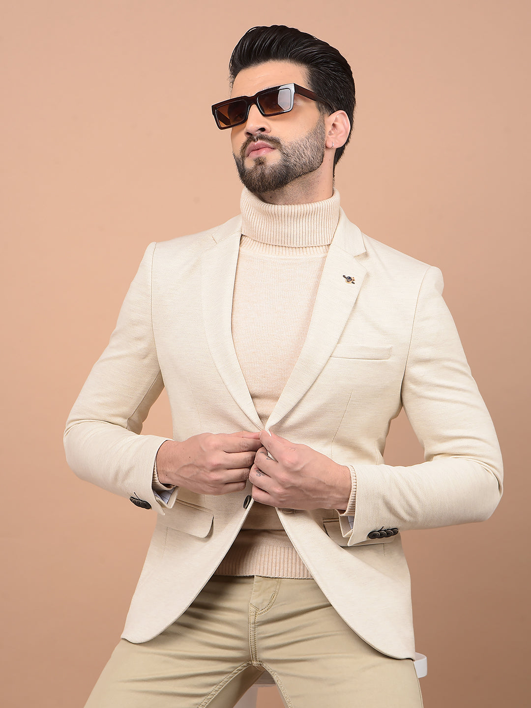 Beige Single Breasted Blazer-Men Blazers-Crimsoune Club