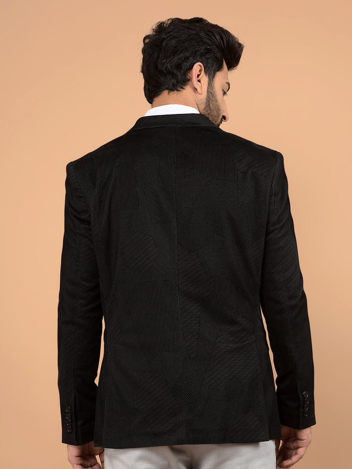 Black Printed Knitted Blazer-Men Blazers-Crimsoune Club