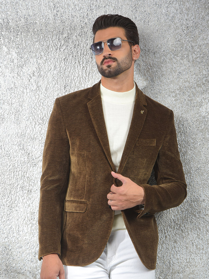 Brown Single-Breasted Velvet Blazer-Men Blazers-Crimsoune Club